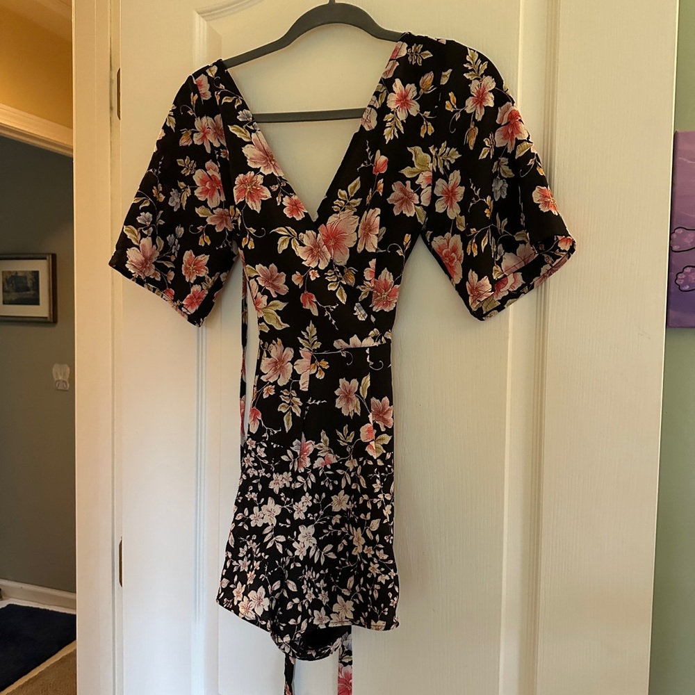 Floral Wrap Romper in Black and Pink